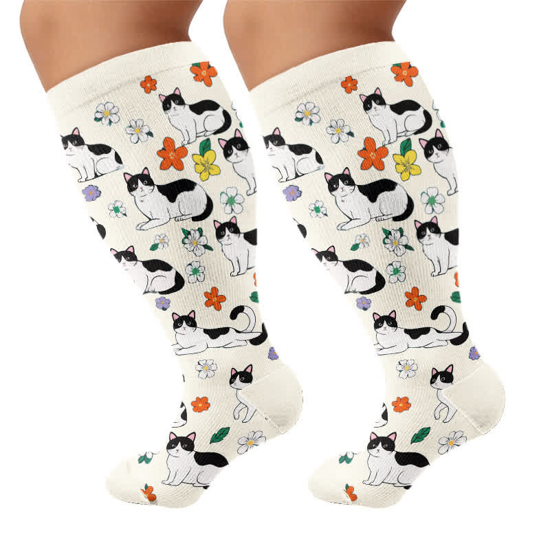Plusock Plus Size Fun Cartoon Cat & Dog Print Compression Socks - White(1 Pair) - 4XL - image 8