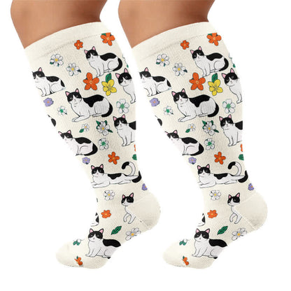 Plusock Plus Size Fun Cartoon Cat & Dog Print Compression Socks - White(1 Pair) - 4XL - image 8