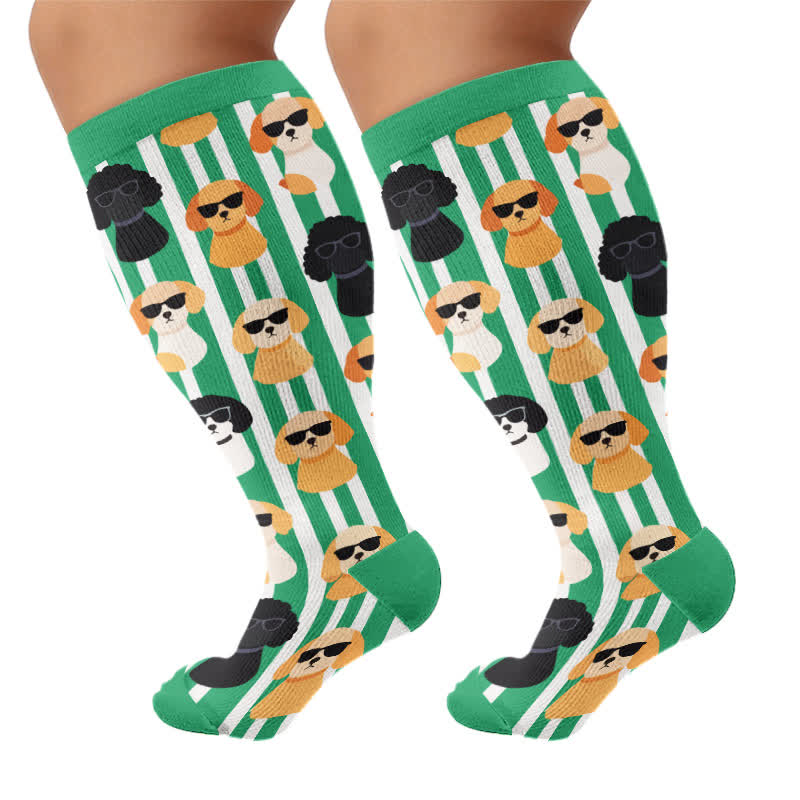 Plusock Plus Size Fun Cartoon Cat & Dog Print Compression Socks - Green(1 Pair) - 4XL - image 10