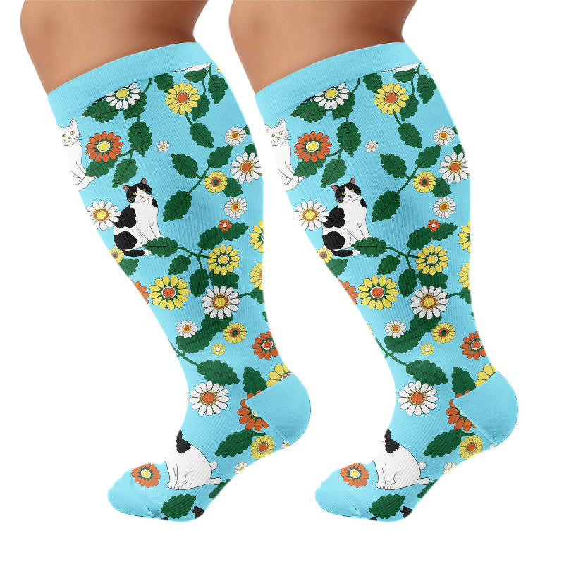 Plusock Plus Size Fun Cartoon Cat & Dog Print Compression Socks - Blue(1 Pair) - 4XL - image 9