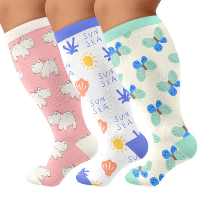 Plusock Plus Size Cute Cartoon Print Novelty Compression Socks - Multicolor(3 Pairs) - 4XL - image 4