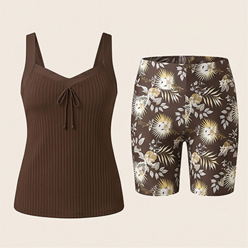 Plusock Ribbed Sweetheart Twist Front Tropical Print Tankini Set - Coffee - 5XL - image 19