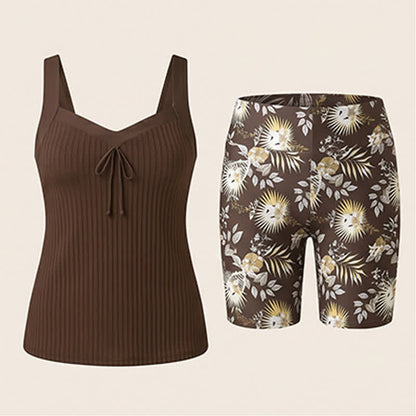 Plusock Ribbed Sweetheart Twist Front Tropical Print Tankini Set - Coffee - 5XL - image 19