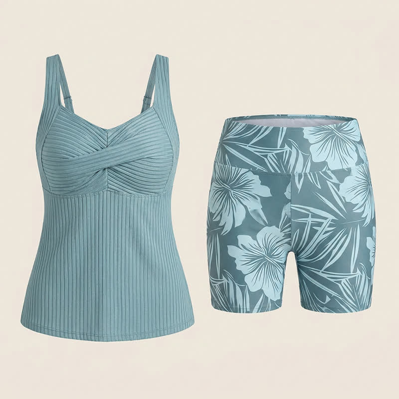 Plusock Ribbed Sweetheart Twist Front Tropical Print Tankini Set - image 21