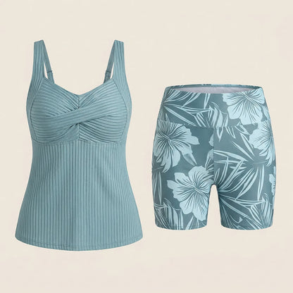 Plusock Ribbed Sweetheart Twist Front Tropical Print Tankini Set - image 21