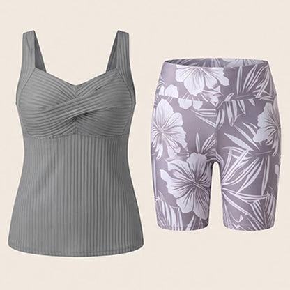 Plusock Ribbed Sweetheart Twist Front Tropical Print Tankini Set - image 22