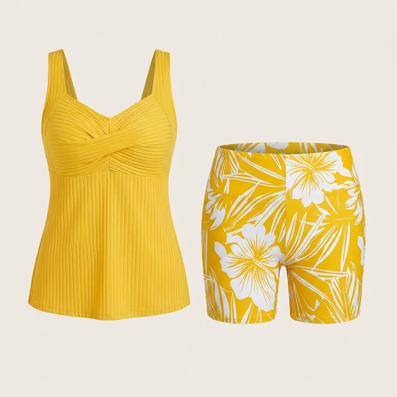 Plusock Ribbed Sweetheart Twist Front Tropical Print Tankini Set - image 18