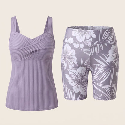 Plusock Ribbed Sweetheart Twist Front Tropical Print Tankini Set - image 24