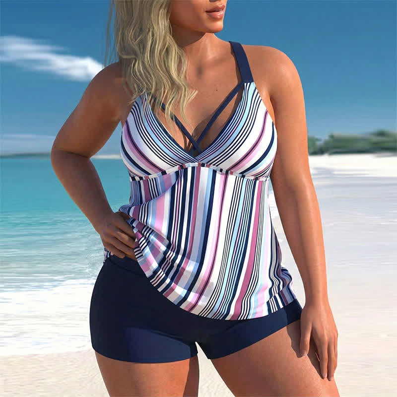 Plusock Criss Cross V Neck Flowy Tankini Set - Blue - 5XL - image 0