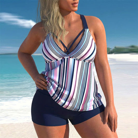 Plusock Criss Cross V Neck Flowy Tankini Set - Blue - 5XL - image 0
