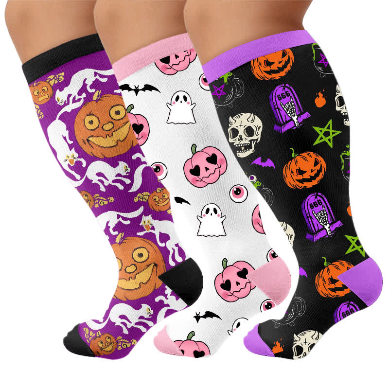 Plusock Plus Size Halloween Pumpkin Compression Socks - Multicolor(3 Pairs) - 4XL - image 4