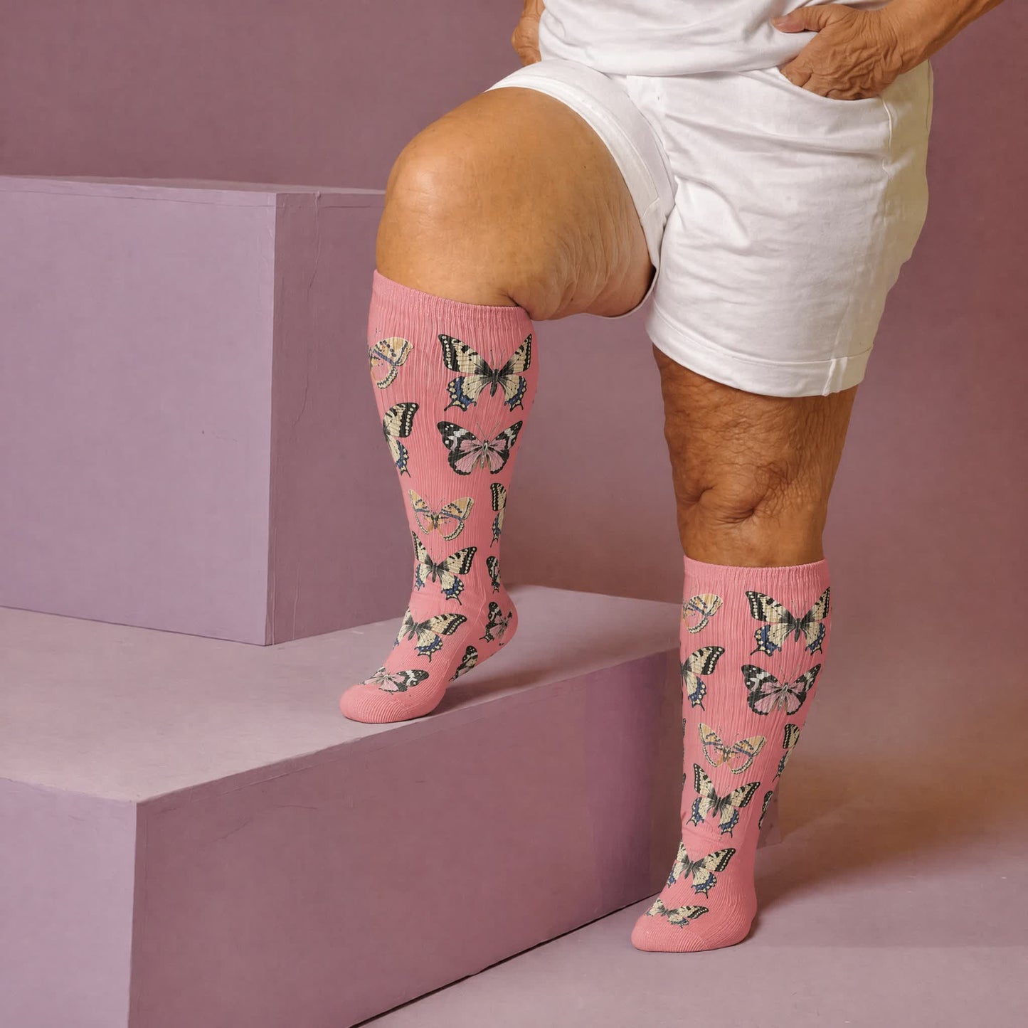 Plusock Plus Size Playful Butterfly Compression Socks - Pink(1 Pair) - 4XL - image 1