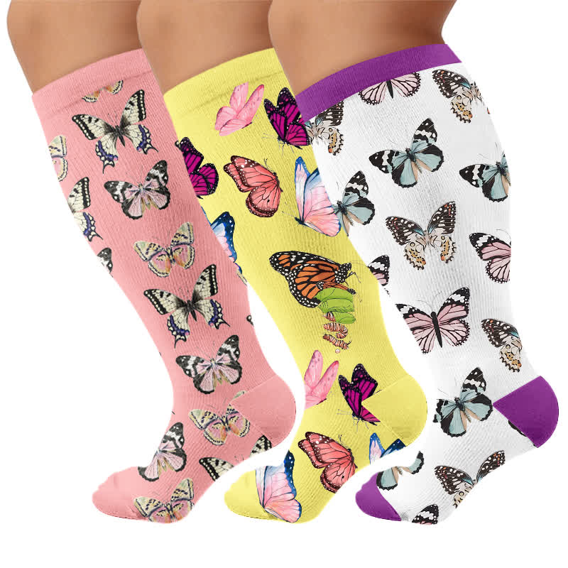 Plusock Plus Size Playful Butterfly Compression Socks - Multicolor(3 Pairs) - 4XL - image 4