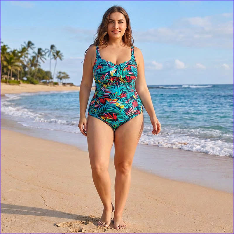 Plusock Tropical Paisley Leaf Print Ruched One-Piece Swimsuit - image 2