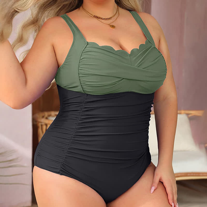 Plusock Tropical Paisley Leaf Print Ruched One-Piece Swimsuit - Army Green - 6XL - image 5