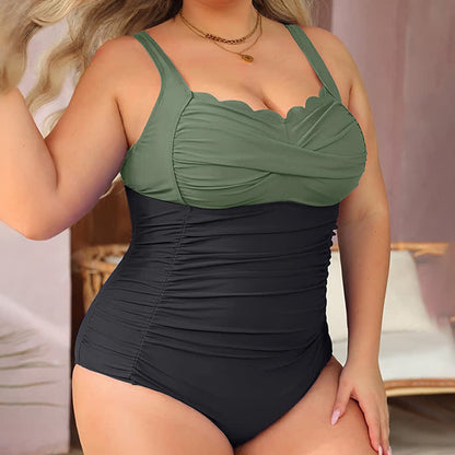 Plusock Tropical Paisley Leaf Print Ruched One-Piece Swimsuit - Army Green - 6XL - image 5
