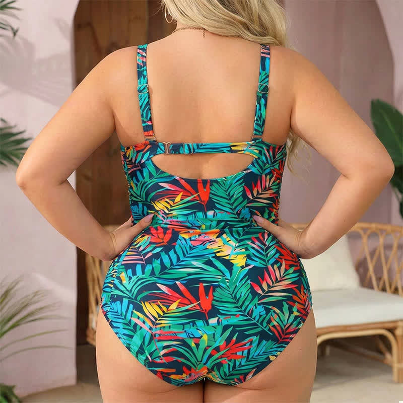 Plusock Tropical Paisley Leaf Print Ruched One-Piece Swimsuit - image 1