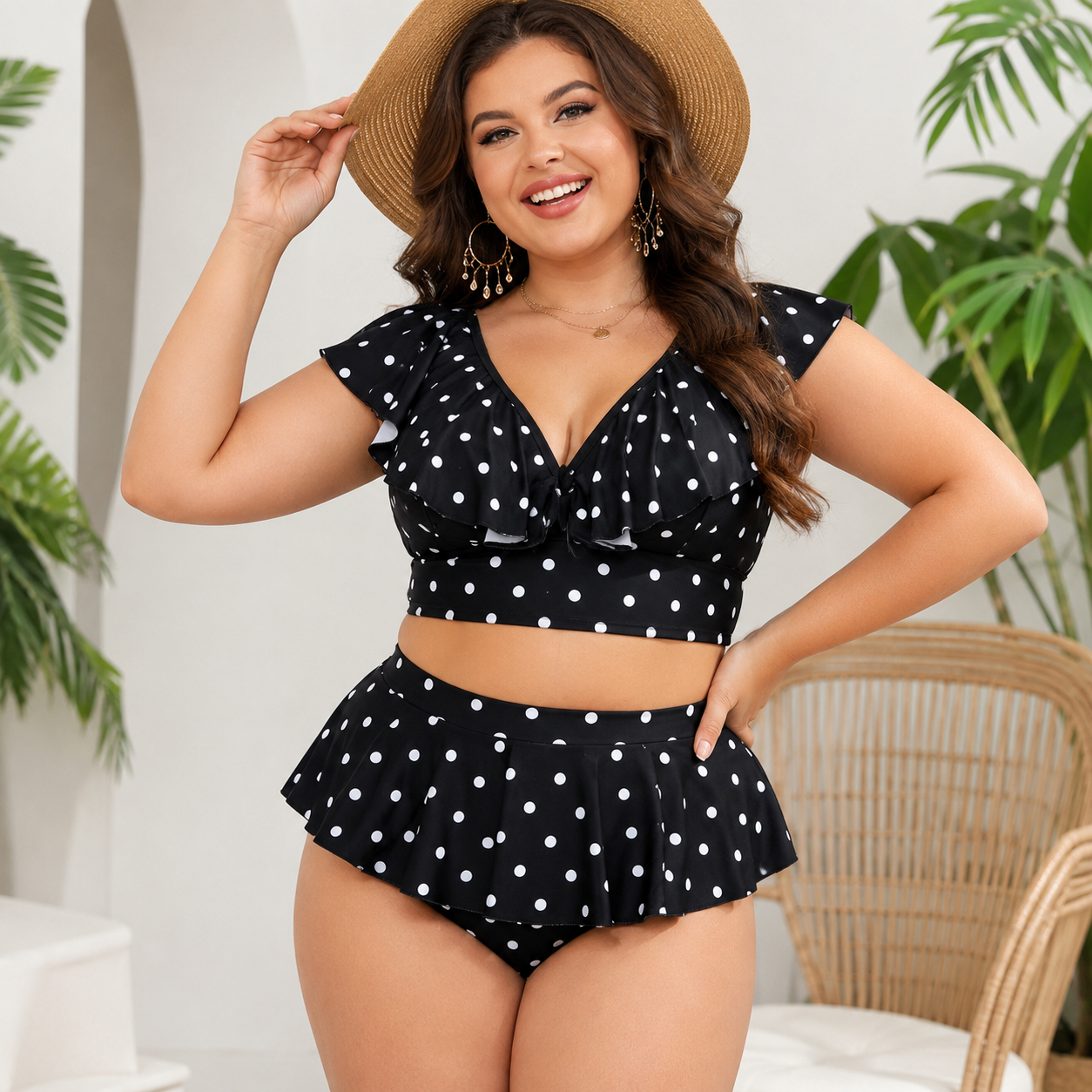 Plusock Polka Dot Ruffle High-Waisted Bikini Set - Black - 4XL - image 0