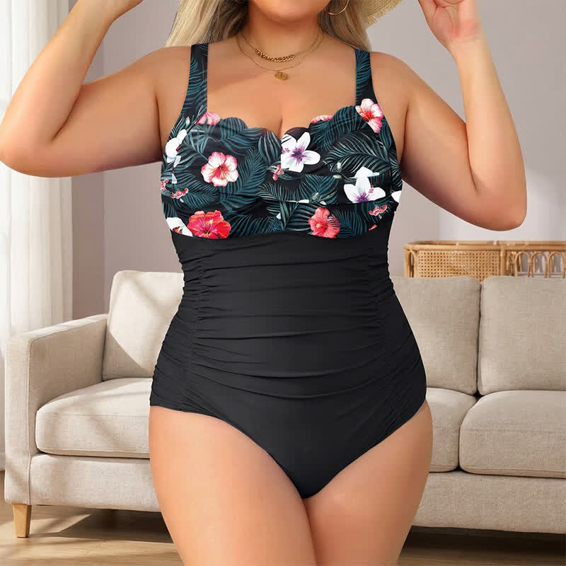 Plusock Scalloped Ruched Flower Print Slimming One-Piece Swimsuit - Dark Green - 6XL - image 5
