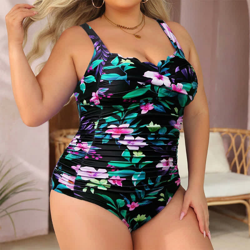 Plusock Scalloped Ruched Flower Print Slimming One-Piece Swimsuit - Green - 6XL - image 7