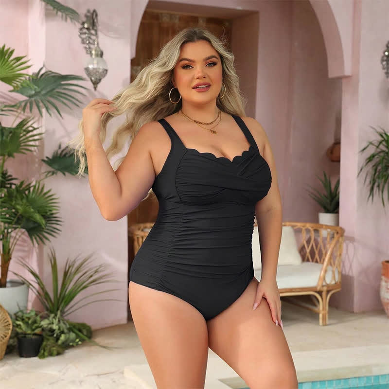 Plusock Scalloped Ruched Flower Print Slimming One-Piece Swimsuit - Black - 6XL - image 9