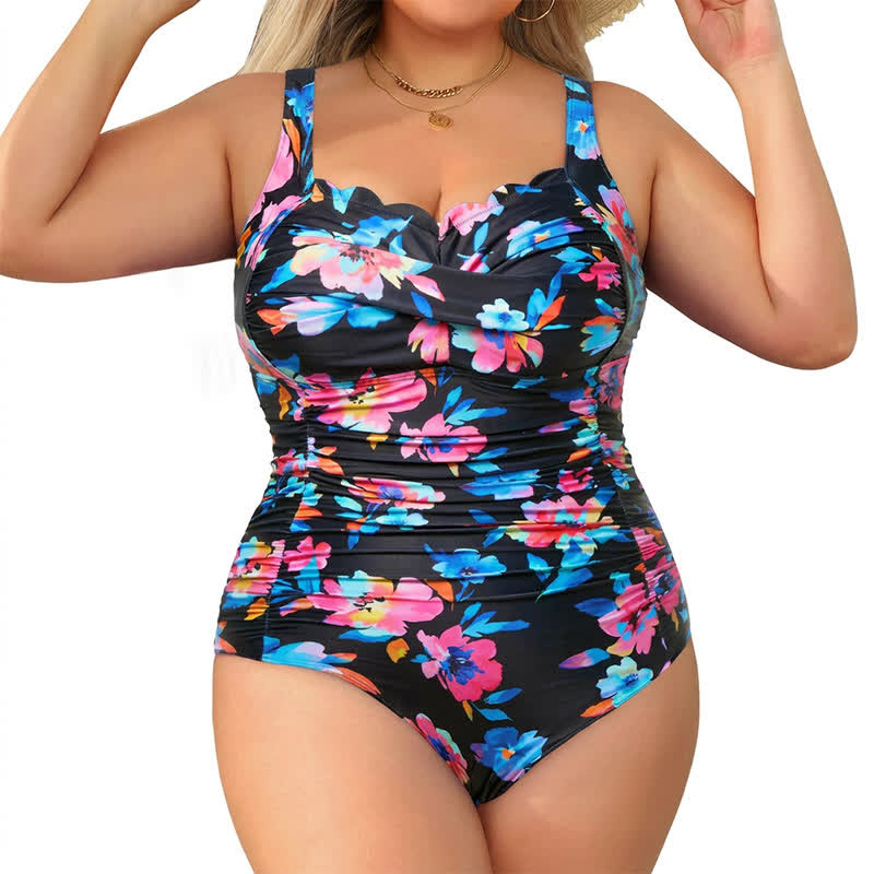 Plusock Vintage Flower Leopard Print Ruched One-piece Swimsuit - image 9