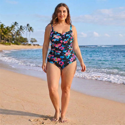 Plusock Vintage Flower Leopard Print Ruched One-piece Swimsuit - image 12