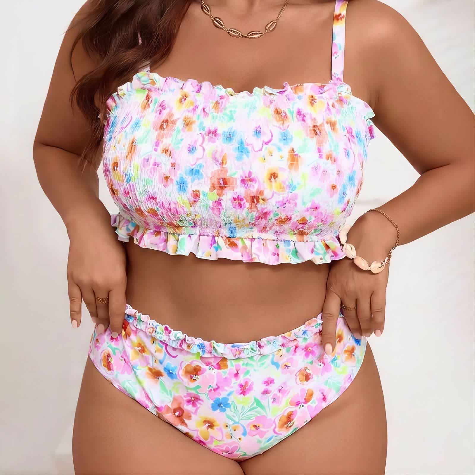 Plusock Blush Floral Smocked Bikini Set - Pink - 5XL - image 0