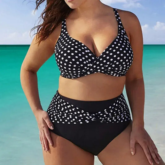 Plusock Retro White Polka Dot Twist Front Bikini Set - Black - 5XL - image 0