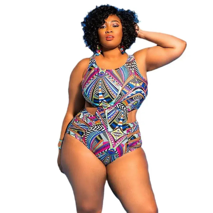 Plusock Tribal Geo Print High Waist One-Piece Swimsuit - Navy Blue - 4XL - image 2