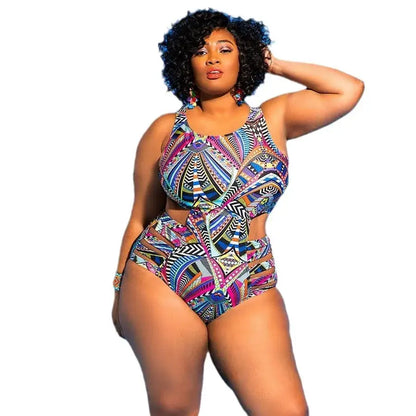 Plusock Tribal Geo Print High Waist One-Piece Swimsuit - Navy Blue - 4XL - image 2