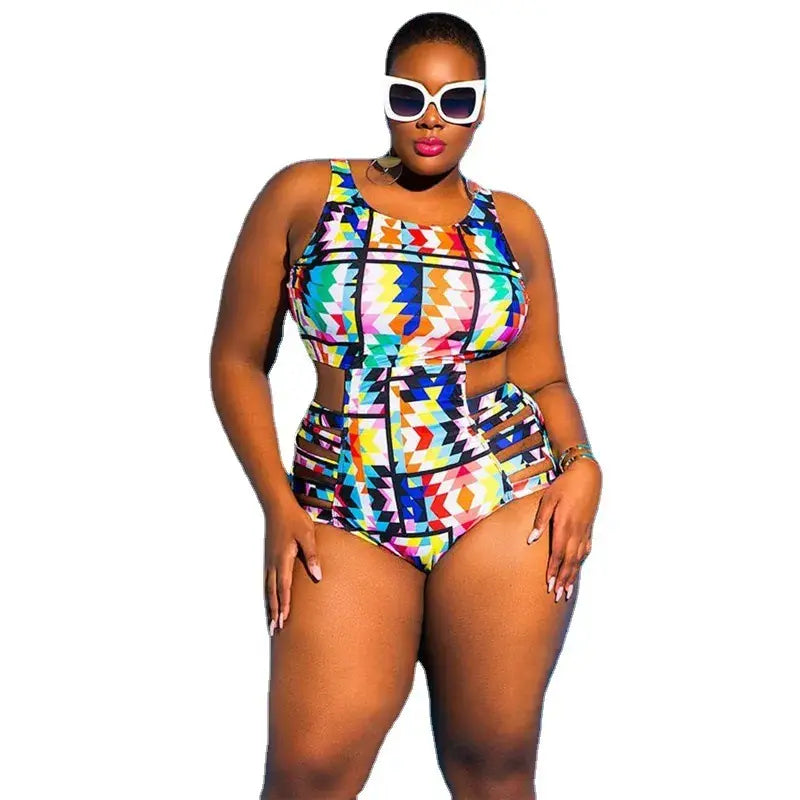 Plusock Tribal Geo Print High Waist One-Piece Swimsuit - Blue - 4XL - image 3
