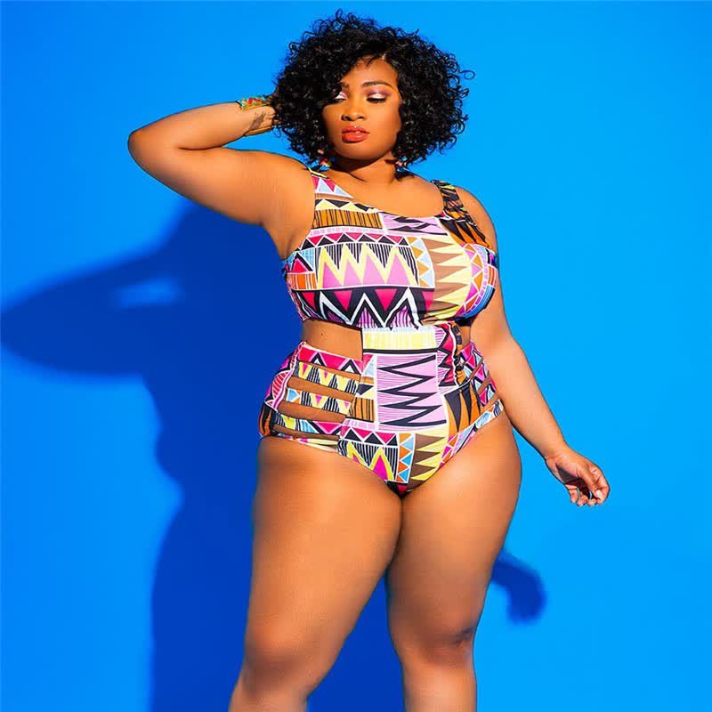 Plusock Tribal Geo Print High Waist One-Piece Swimsuit - Brown - 4XL - image 0