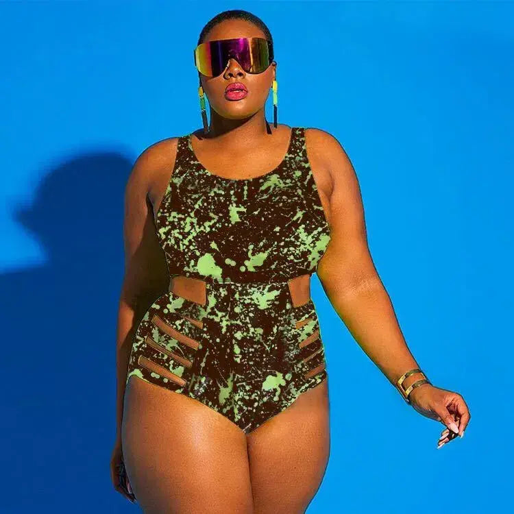 Plusock Cutout Splash Print One-Piece Swimsuit - Dark Green - 4XL - image 1