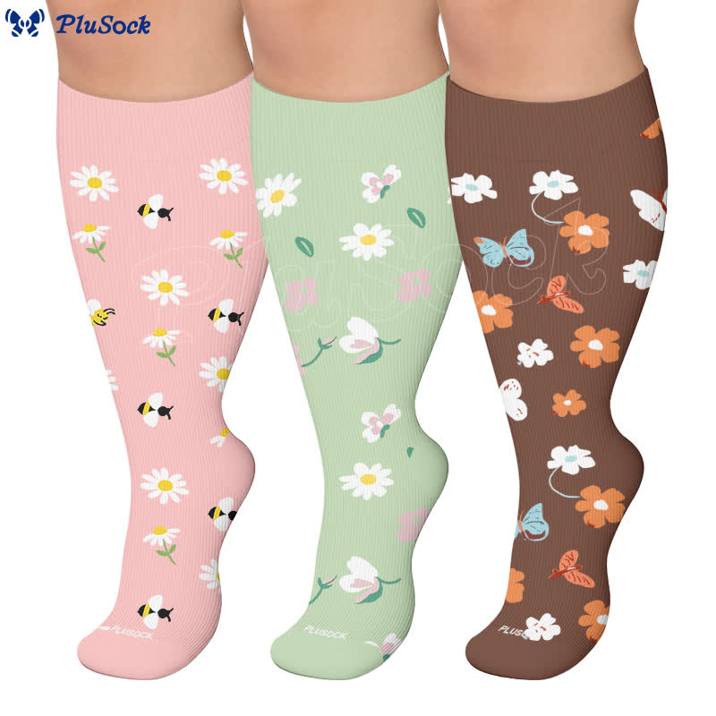 Plusock Plus Size Daisy Bee Flower Print Compression Socks - image 0