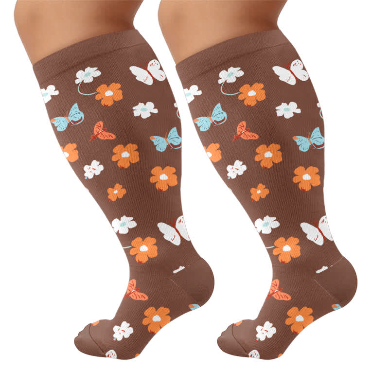 Plusock Plus Size Daisy Bee Flower Print Compression Socks - Brown(1 Pair) - 4XL - image 10