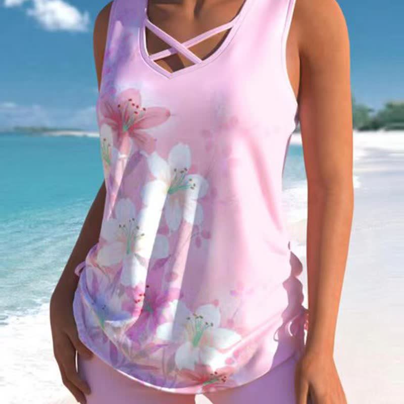 Plusock Floral Criss Cross Tankini Set - Pink - 3XL - image 0