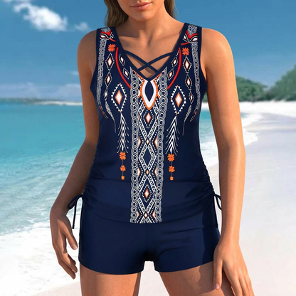 Plusock Floral Criss Cross Tankini Set - Navy Blue - 3XL - image 4