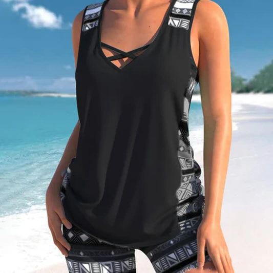 Plusock Criss Cross Geometric Tankini Set - Black - 3XL - image 0