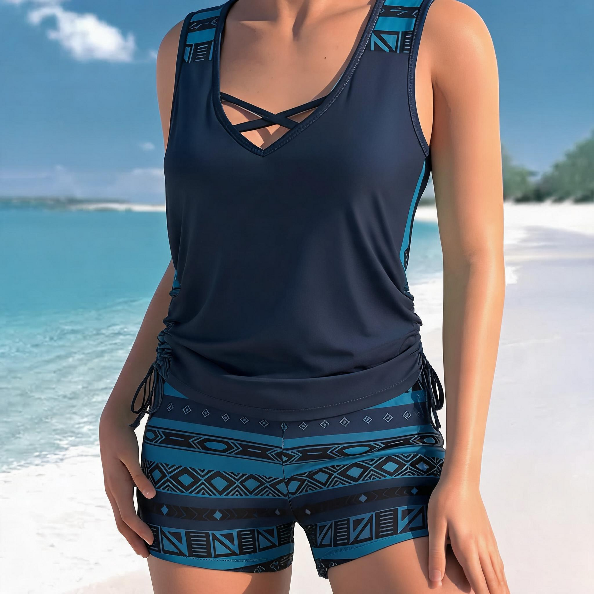 Plusock Floral Criss Cross Tankini Set - Dark Blue - 3XL - image 3