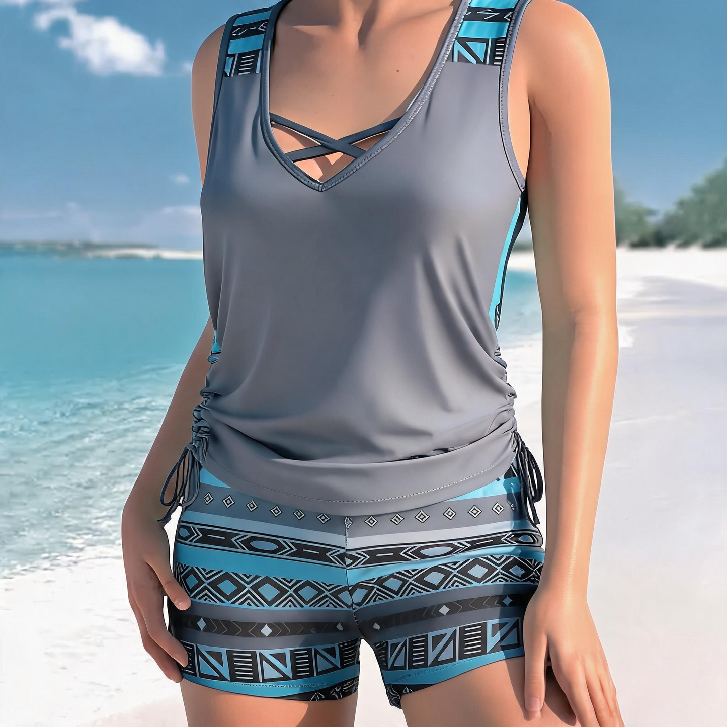 Plusock Floral Criss Cross Tankini Set - Grey - 3XL - image 2