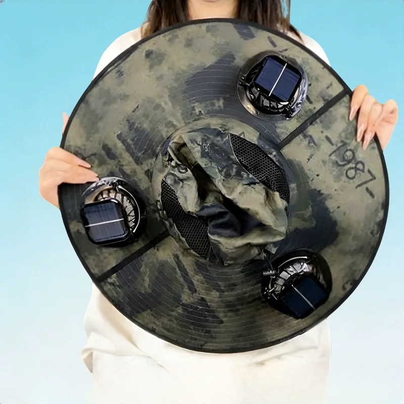 Plusock Solar Cooling Wide Brim Sun Hat - Army Green - One Size - 3 Fans - image 13