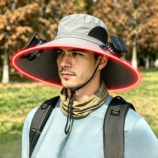 Plusock Solar Cooling Wide Brim Sun Hat - Light Gray - One Size - 2 Fans - image 0