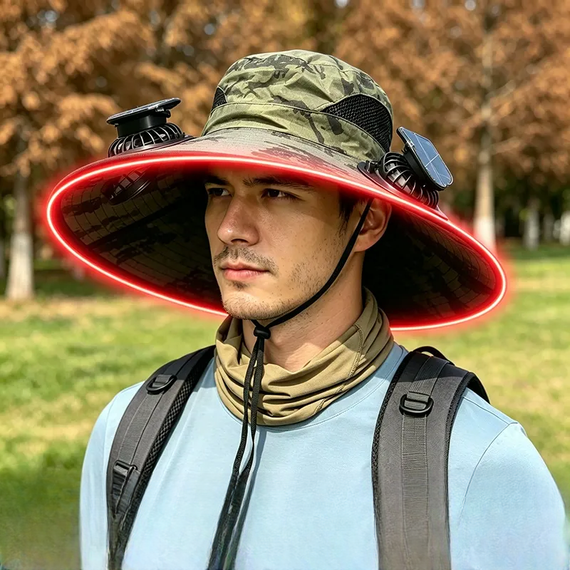 Plusock Solar Cooling Wide Brim Sun Hat - Army Green - One Size - 2 Fans - image 4
