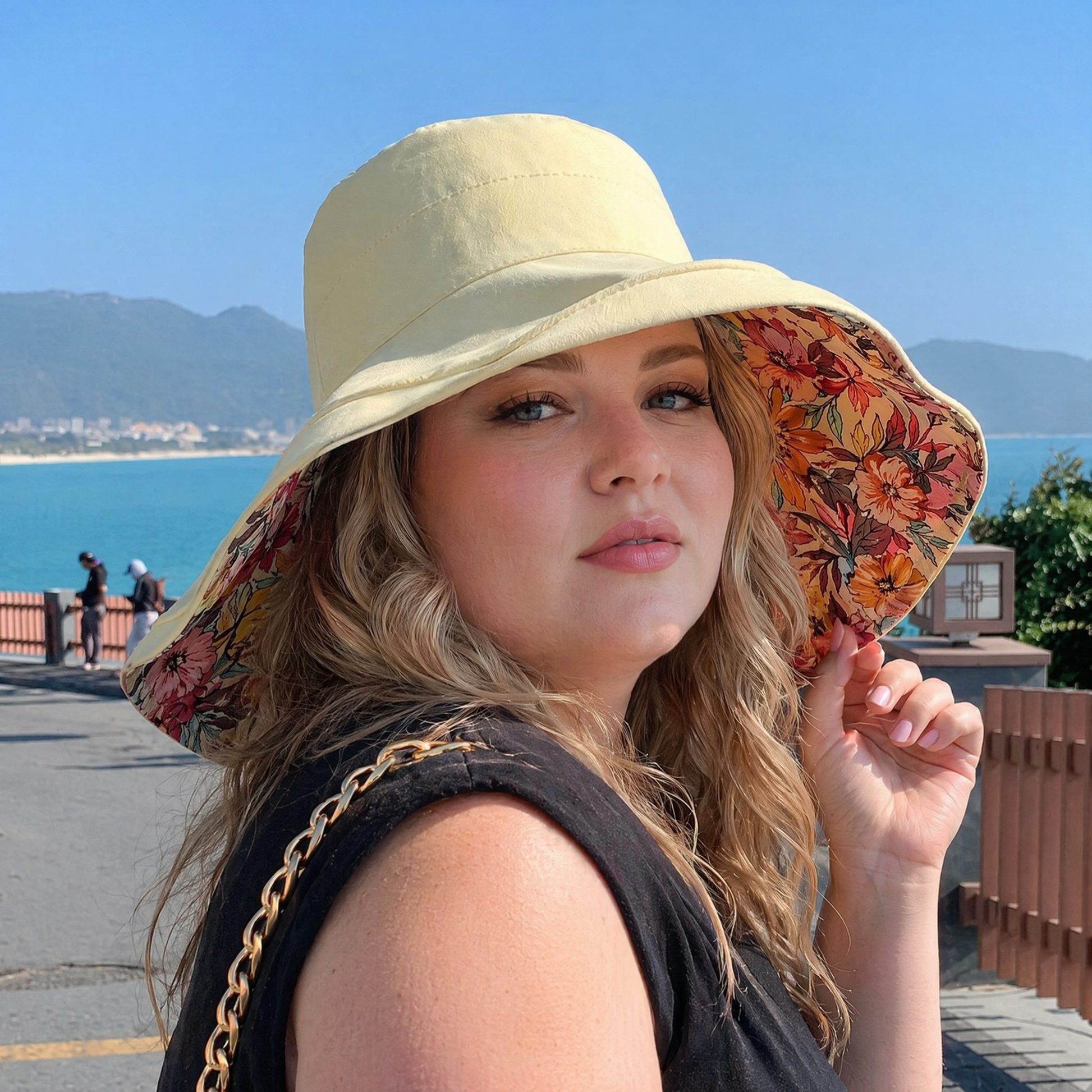 Plusock Floral Lined Beach Sun Hat - Yellow - One Size - image 2