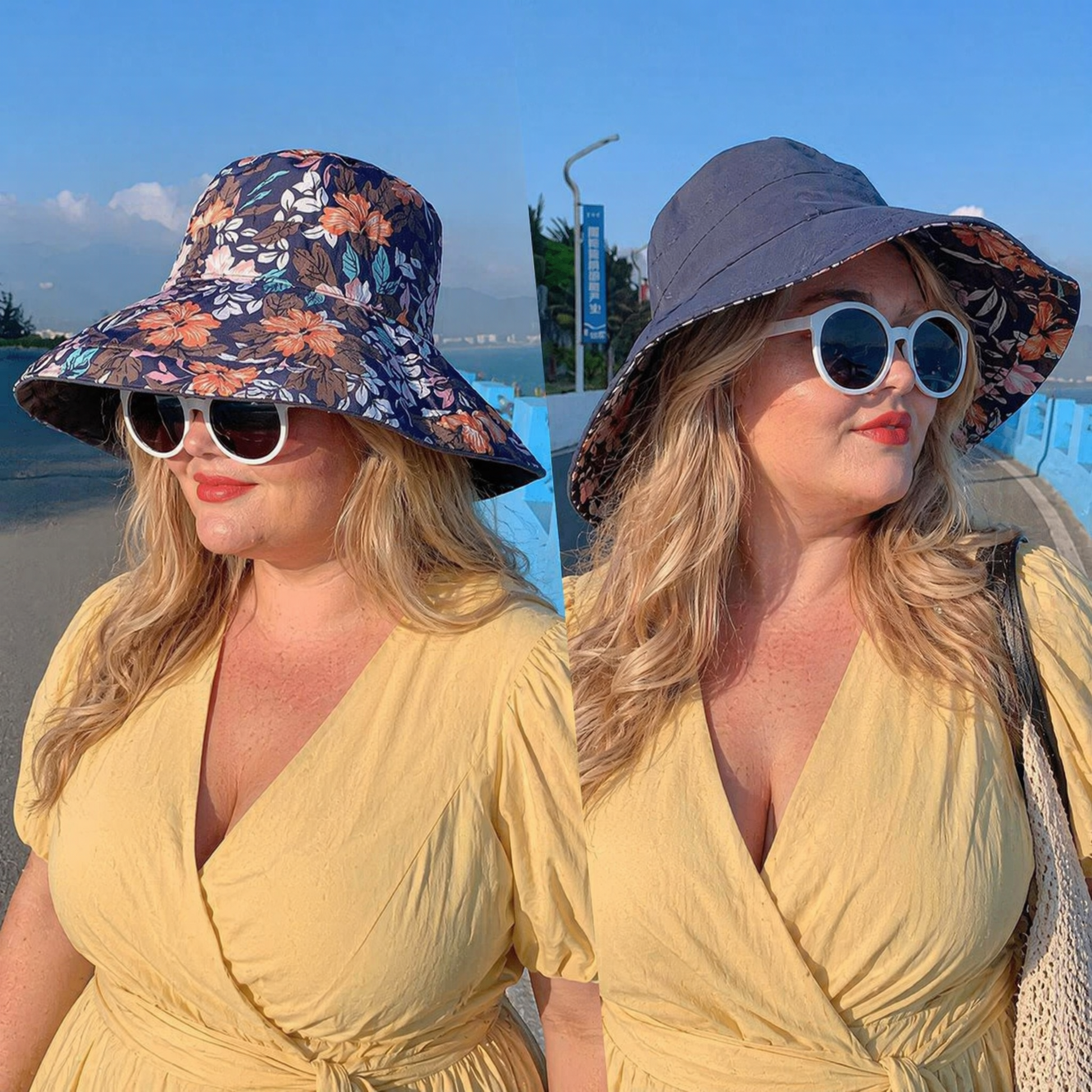 Plusock Floral Lined Beach Sun Hat - Navy Blue - One Size - image 5
