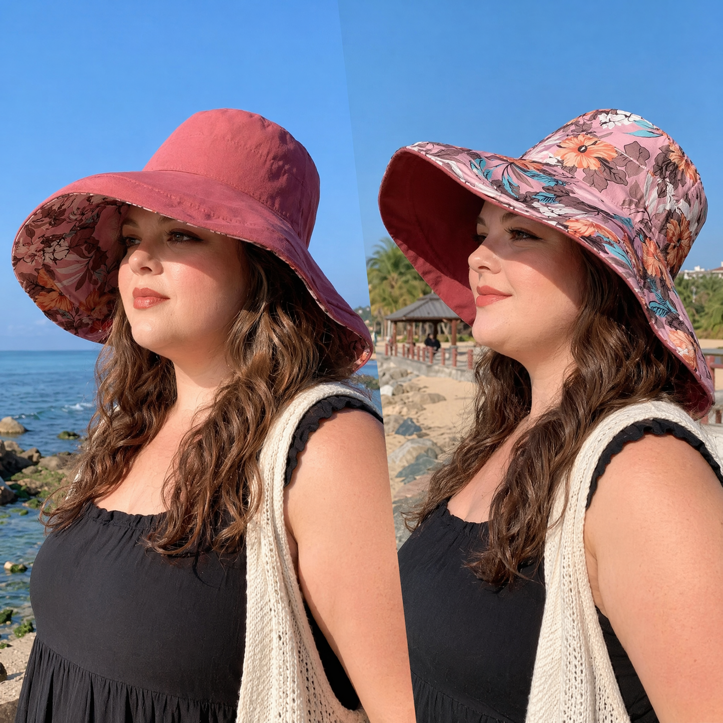 Plusock Floral Lined Beach Sun Hat - Wine - One Size - image 7