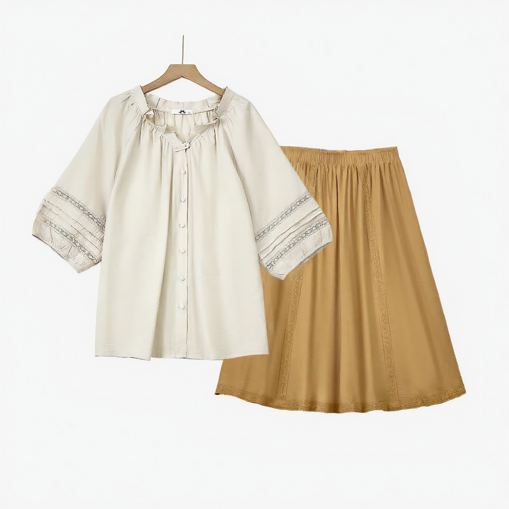 Plusock Boho Lace Panel Blouse & Pleated Midi Skirt Set - 2Pcs Set - 6XL - image 0