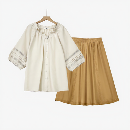 Plusock Boho Lace Panel Blouse & Pleated Midi Skirt Set - 2Pcs Set - 6XL - image 0