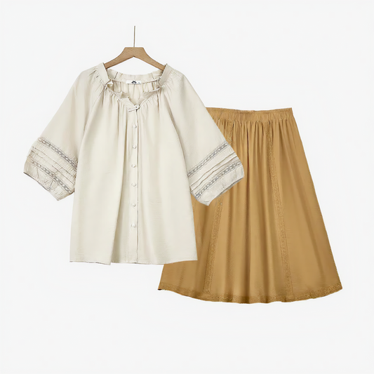 Plusock Boho Lace Panel Blouse & Pleated Midi Skirt Set - 2Pcs Set - 6XL - image 0